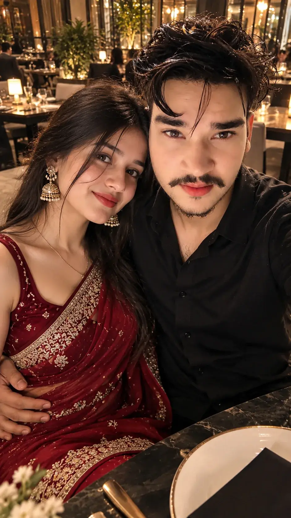 “Romantic Restaurant Couple Selfie – Saree Look ❤️”
