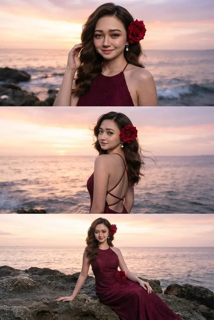 🌹 Romantic Sunset Seaside Portraits 🌅 | Burgundy Gown • Red Roses • Ocean • Golden Pink Sky ✨