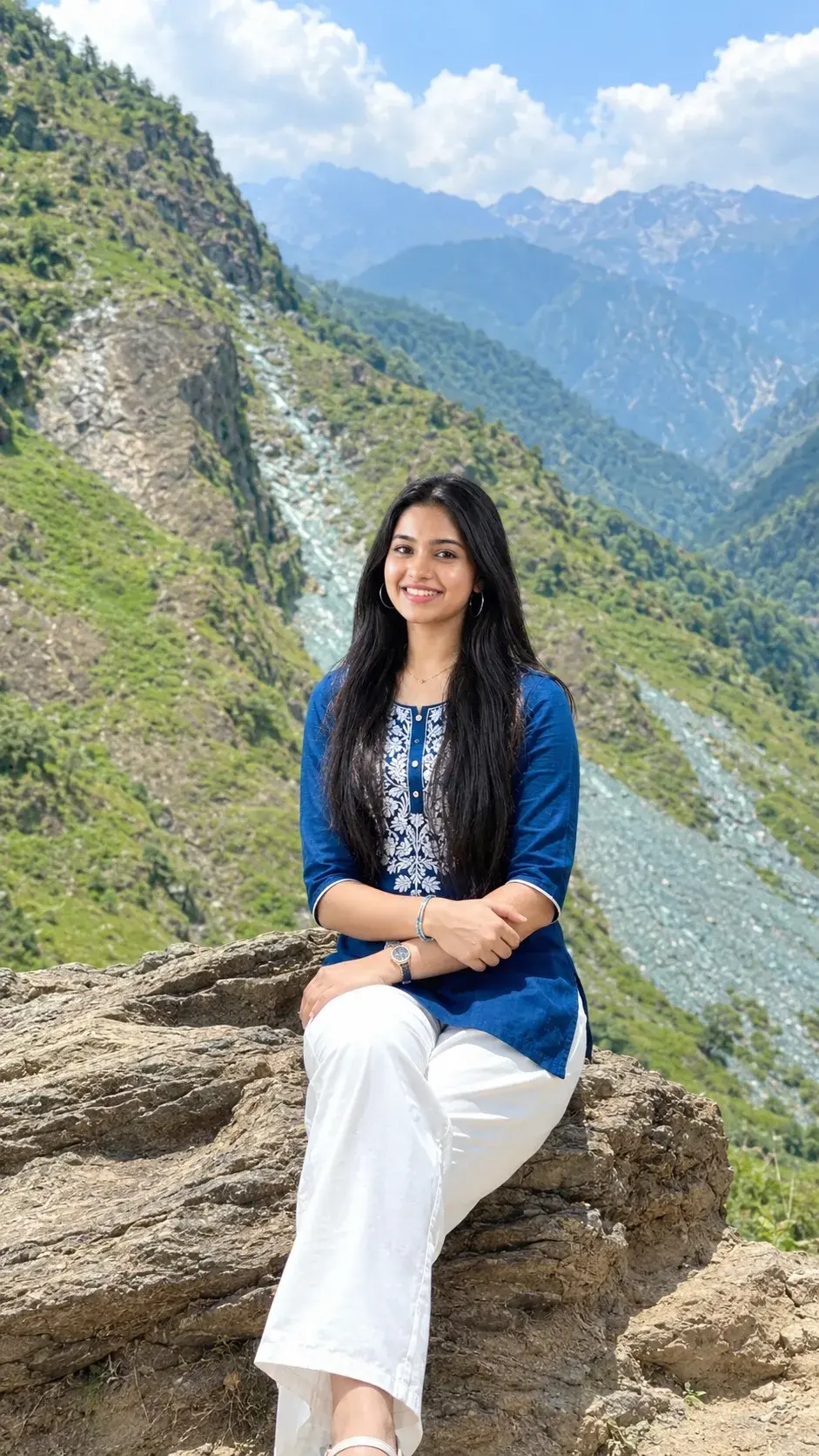 Royal Blue Embroidered Kurta & White Palazzo – Himalayan Mountain Valley Portrait