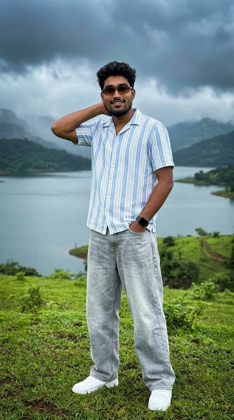 Scenic Hilltop Lake Male Full-Body Portrait In Striped Resort Shirt Prompt