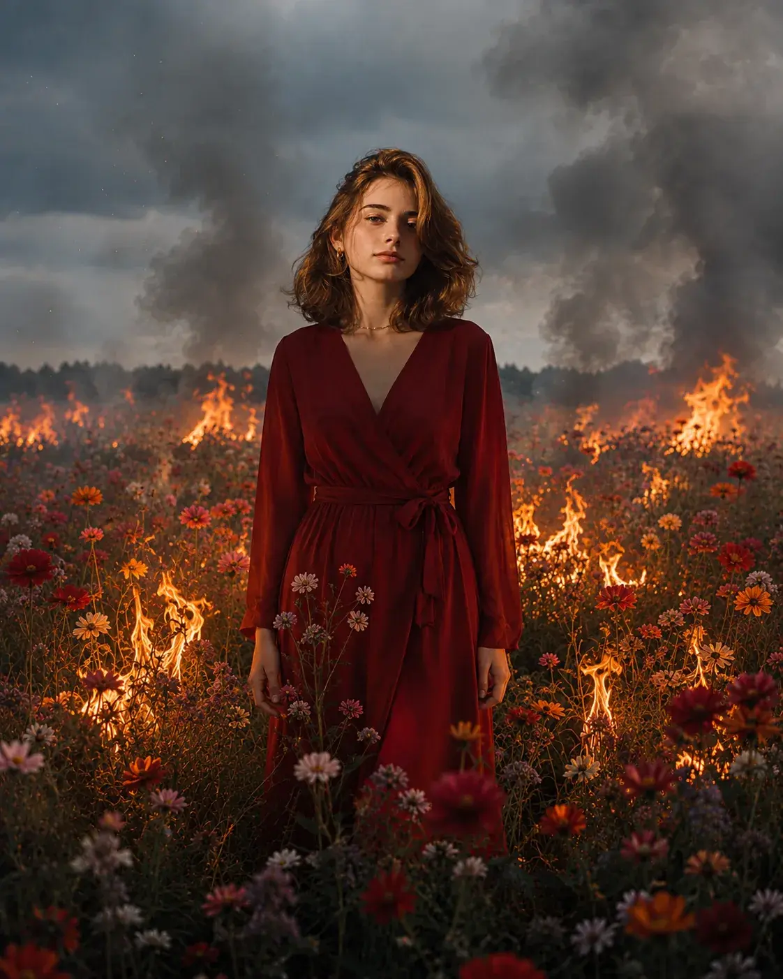 Serene Amidst Burning Wildflowers