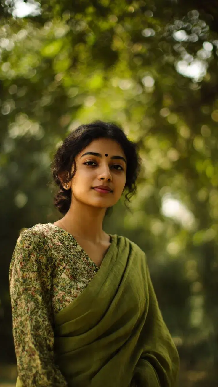 Serene Olive Green Sari Portrait In A Lush Forest