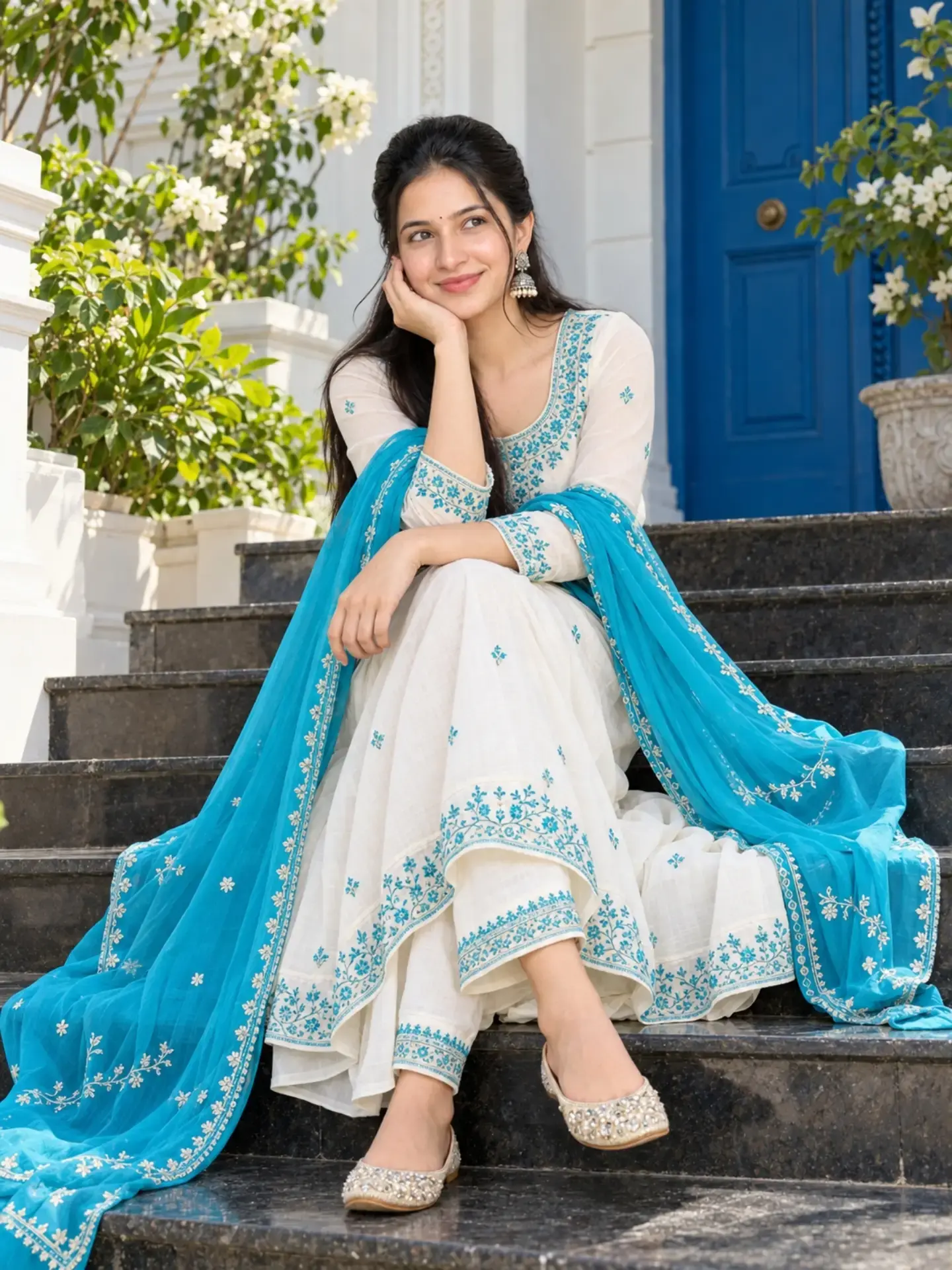 Serene Woman In White And Blue Outfit On Steps