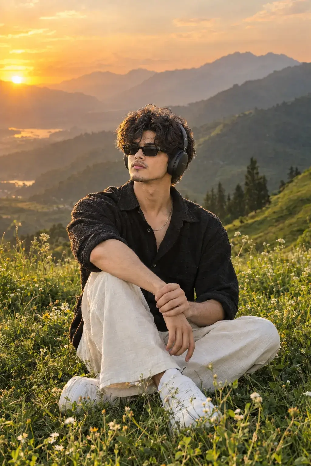 Serene Young Man With Headphones Sitting In A Mountain Meadow At Golden Hour