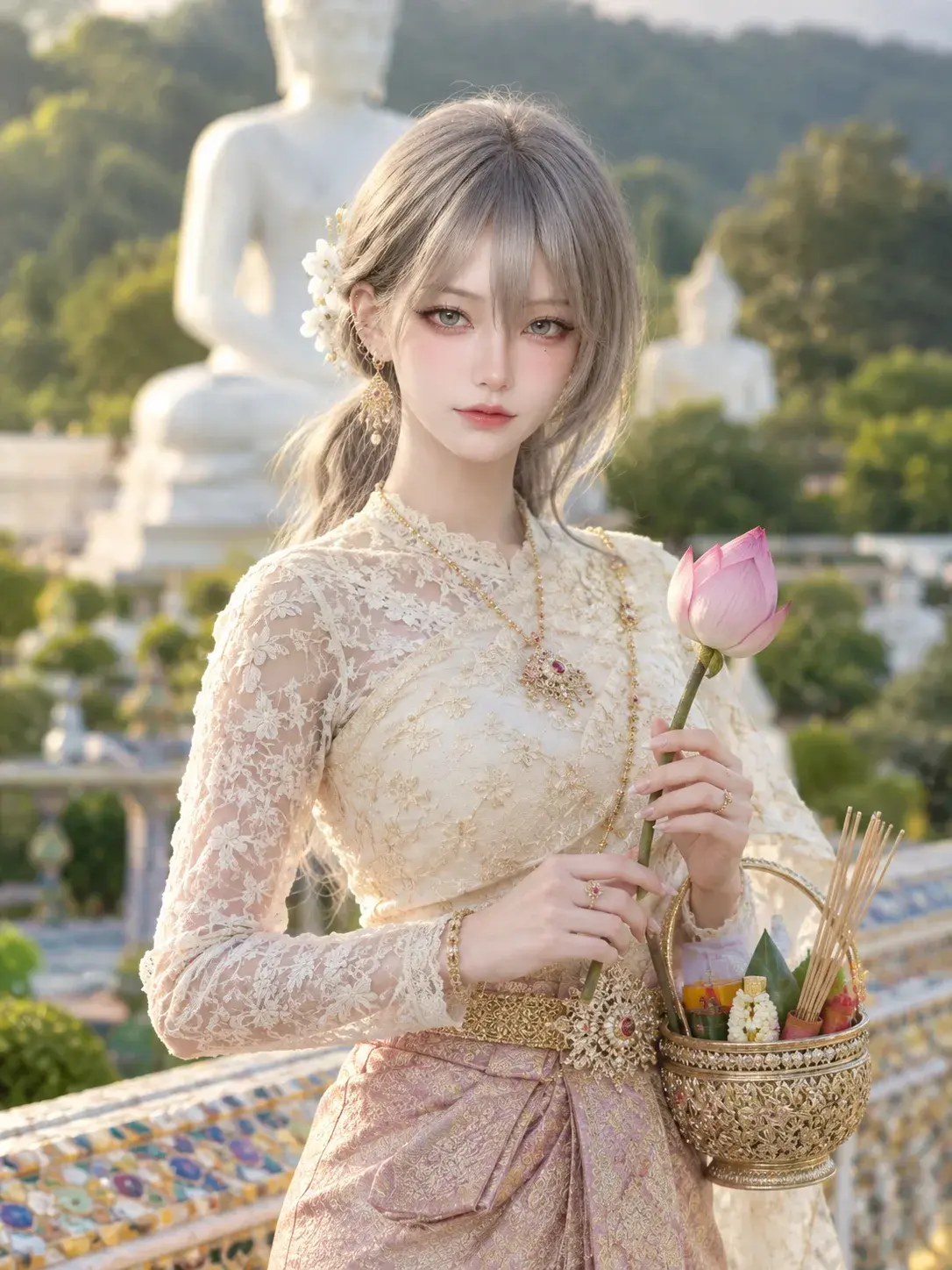 ✨ Silver Elegance – A Dreamy Buddhist Temple Portrait 🌸
