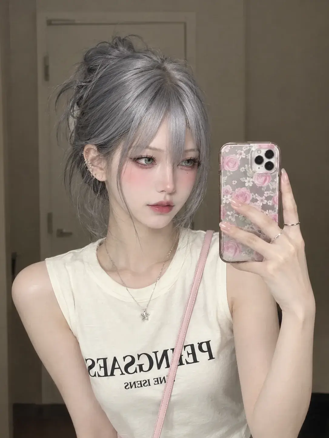🩶 Silver Hair Korean Mirror Selfie — Soft Aesthetic