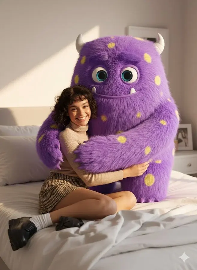 Sitting Next To Giant Fluffy Cute Cartoon Monster