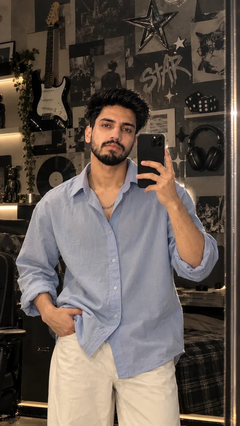 Sky Blue Shirt Mirror Selfie | Stylish Men’s Outfit Inspiration