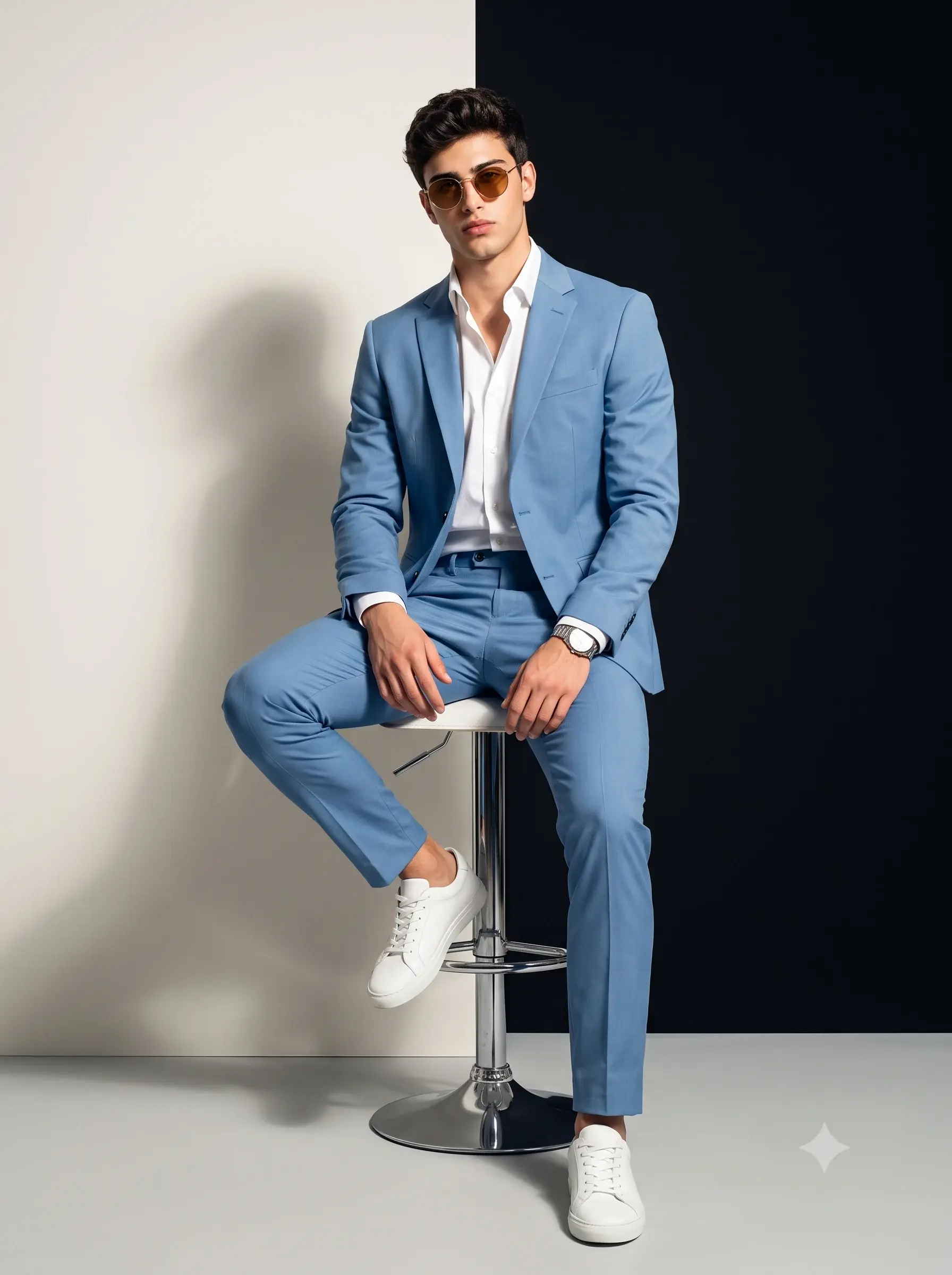 Sky Blue Suit Studio Photo AI Prompt