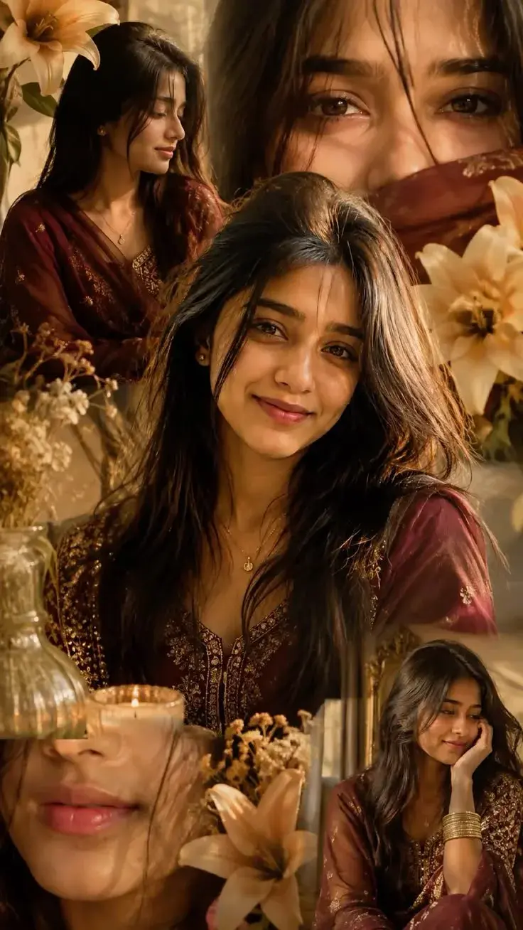 Soft Aesthetic Portrait Collage In Maroon Ethnic Wear