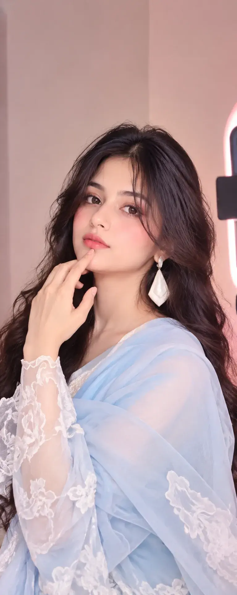 🩵📸 Soft Glam Portrait Photography – Pastel Blue Outfit & Ring Light