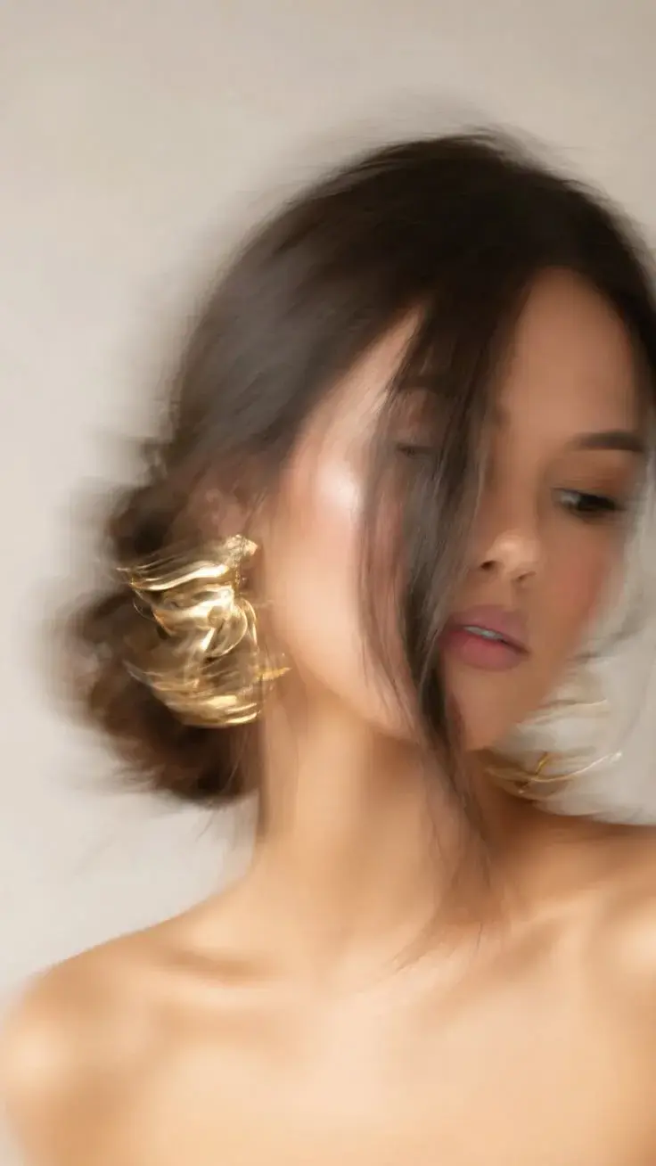 Soft Luxury Beauty Portrait With Sculptural Gold Earrings And A Messy Low Bun