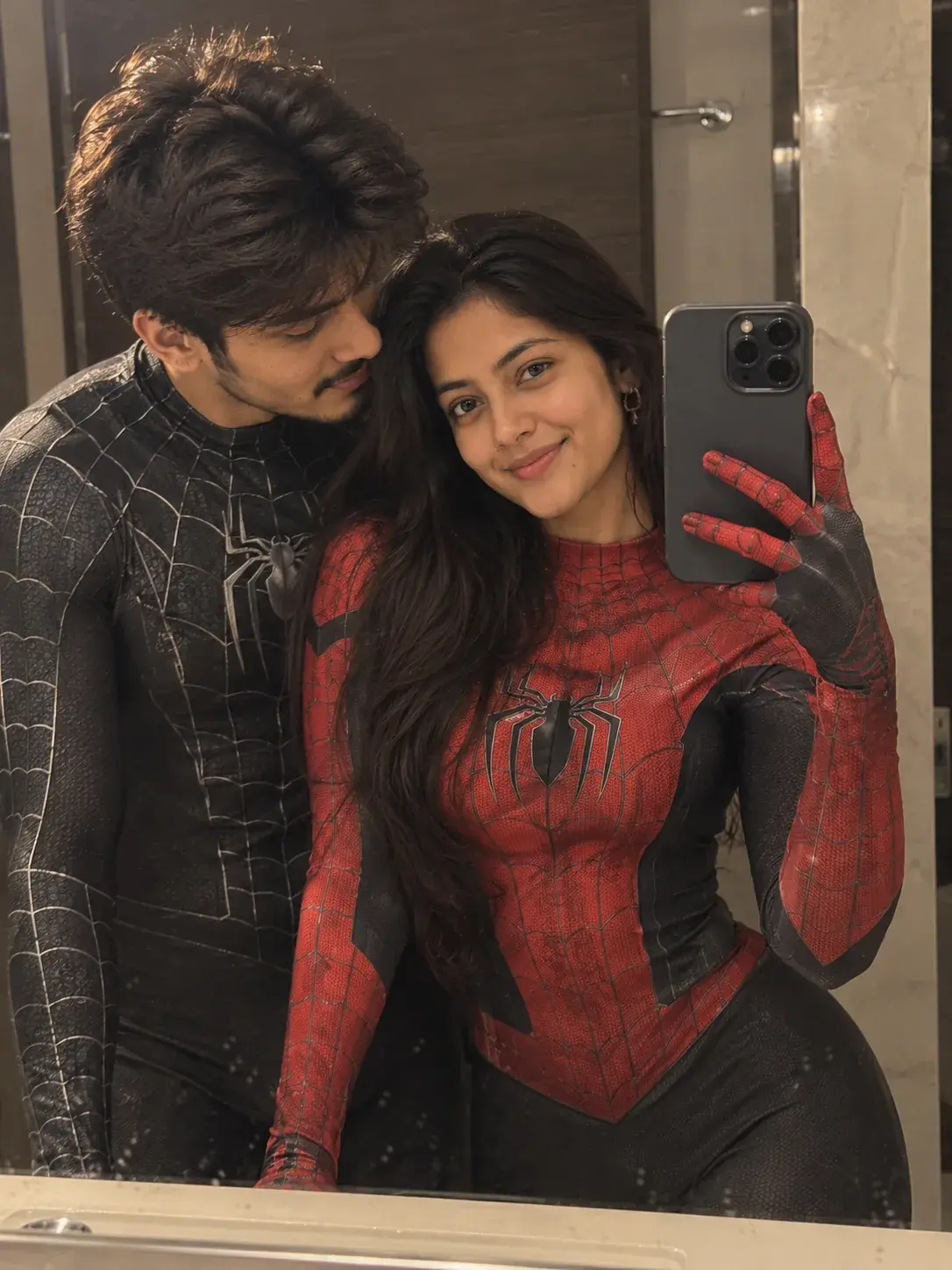 Spider-Inspired Couple Mirror Selfie