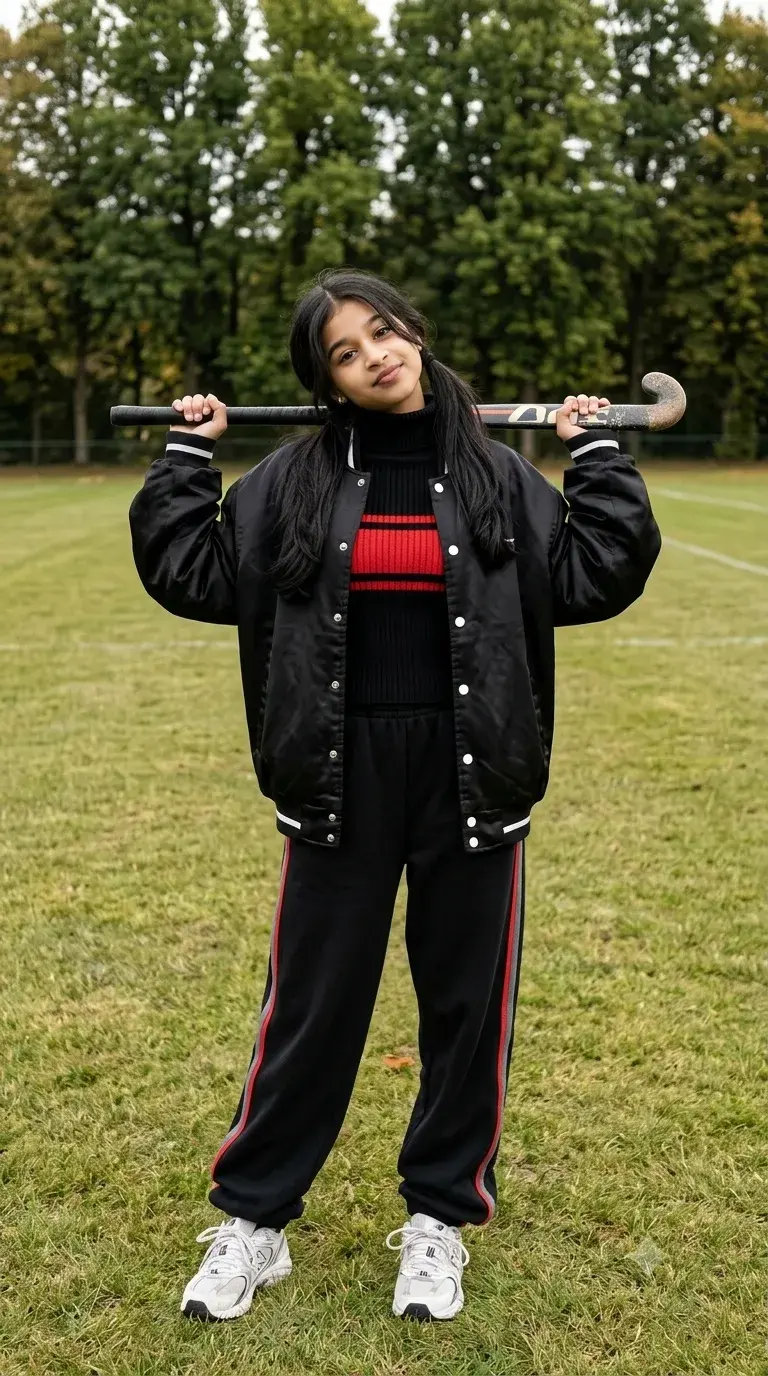 Sporty Young South Asian Girl With Field Hockey Stick On Pitch Prompt