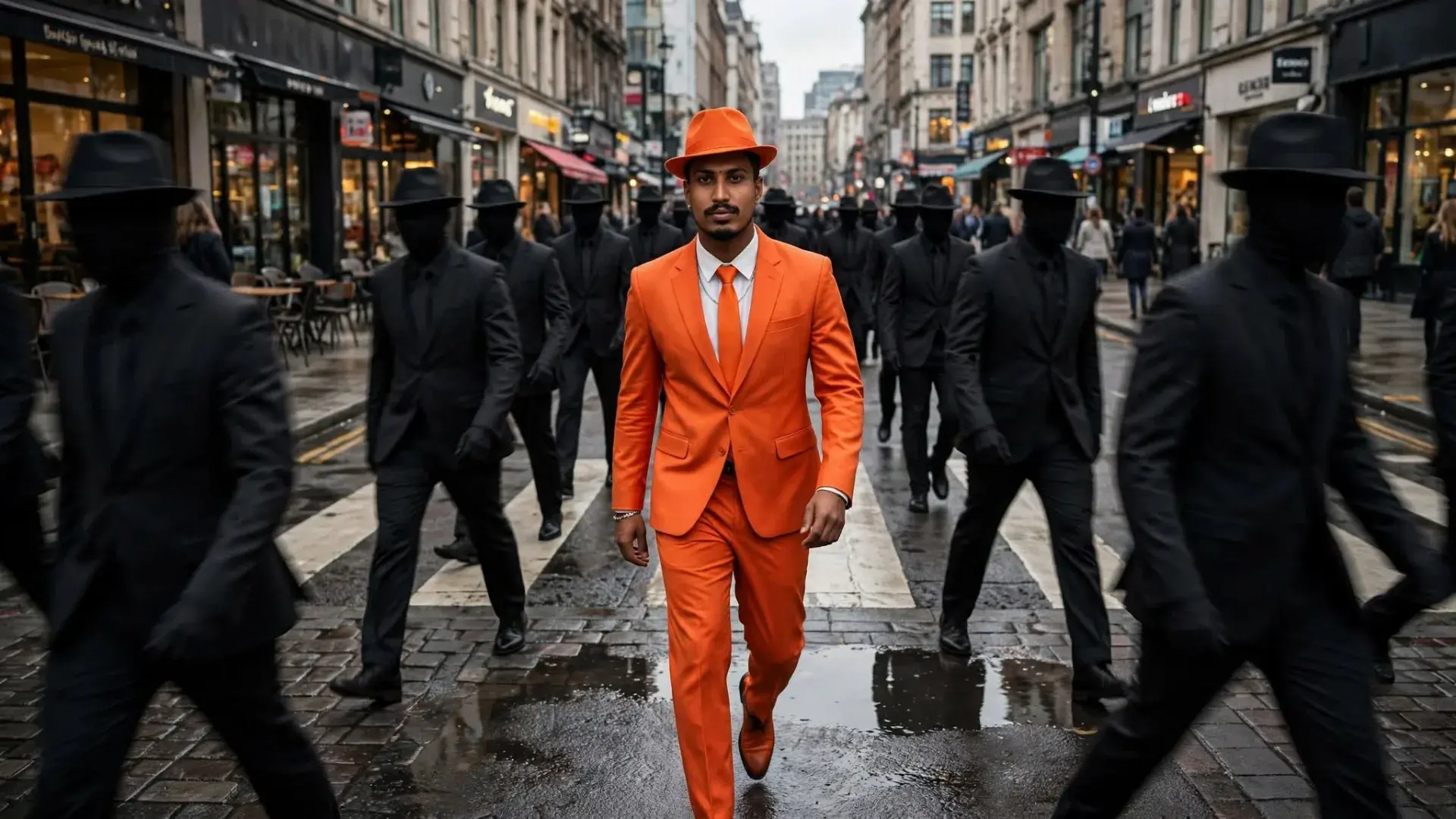 Stand Out Crowd - Man In Orange Suit Cinematic Portrait