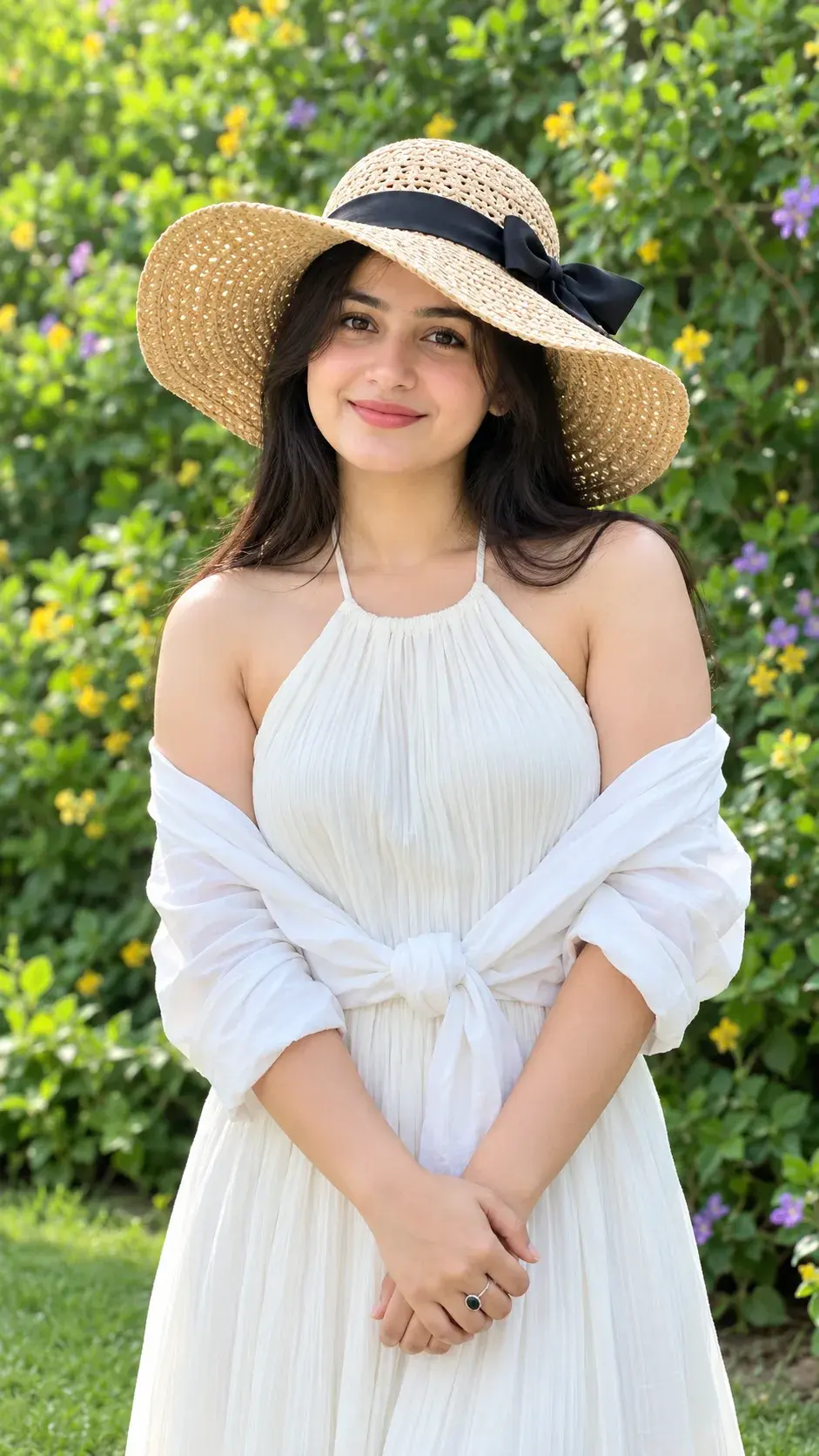 🌿🤍 Straw Hat Summer Portrait – Elegant White Outfit & Soft Garden Photography