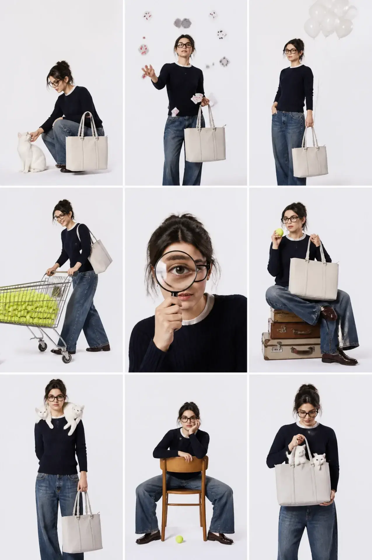 Studio Fashion Collage, 3x3 Grid Layout, Same Subject Repeated In Different Poses