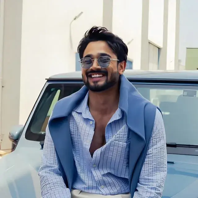 Stylish Blue Outfit Portrait | Luxury Car & Modern Celebrity Look