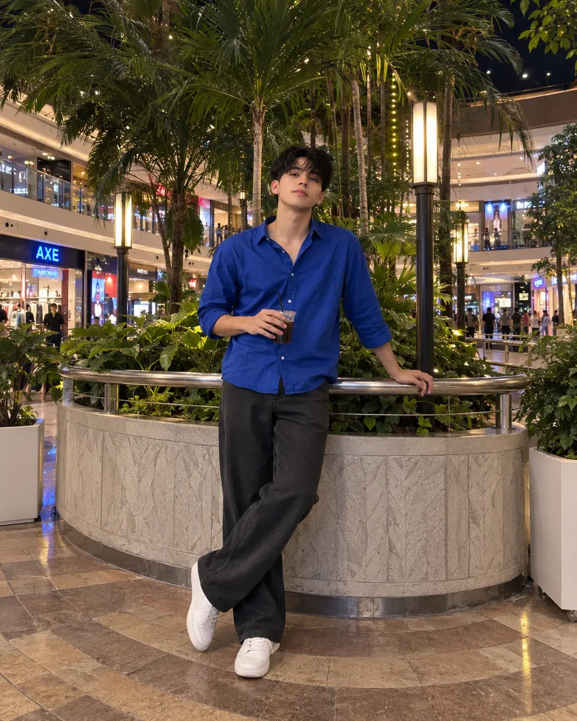 Stylish Blue Shirt Mall Atrium Night Portrait