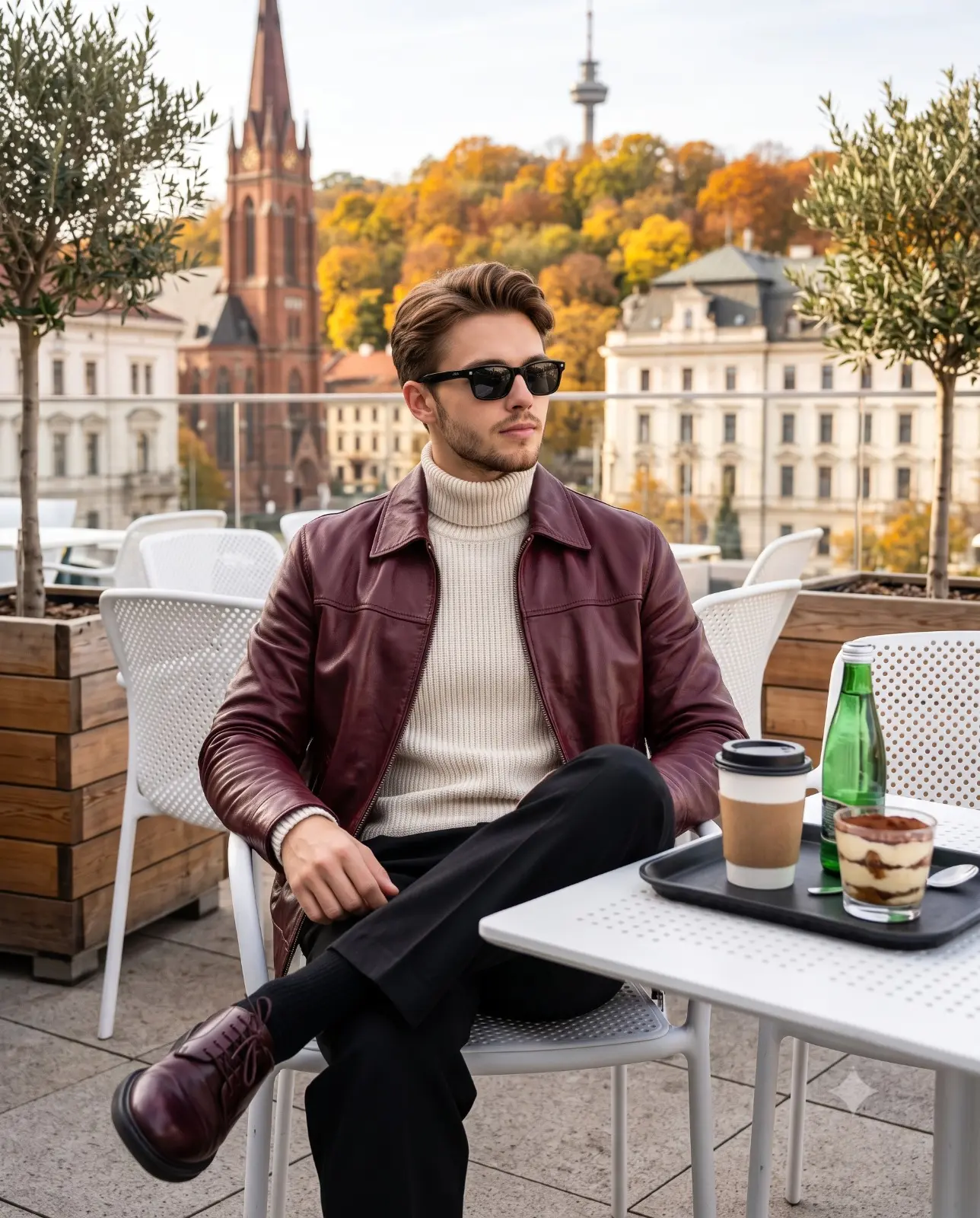 Stylish Man At Rooftop Cafe Autumn Portrait
