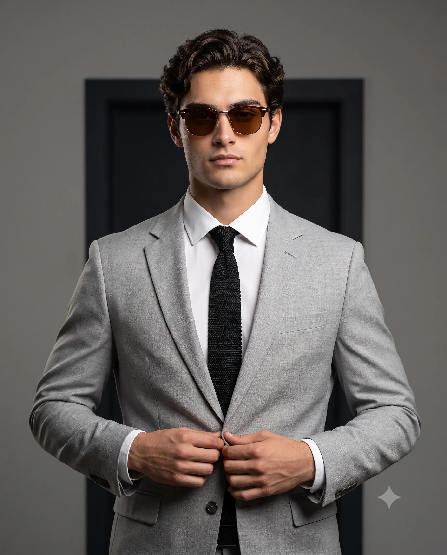 Stylish Man Clubmaster Sunglasses & Gray Suit Studio Photo Prompt