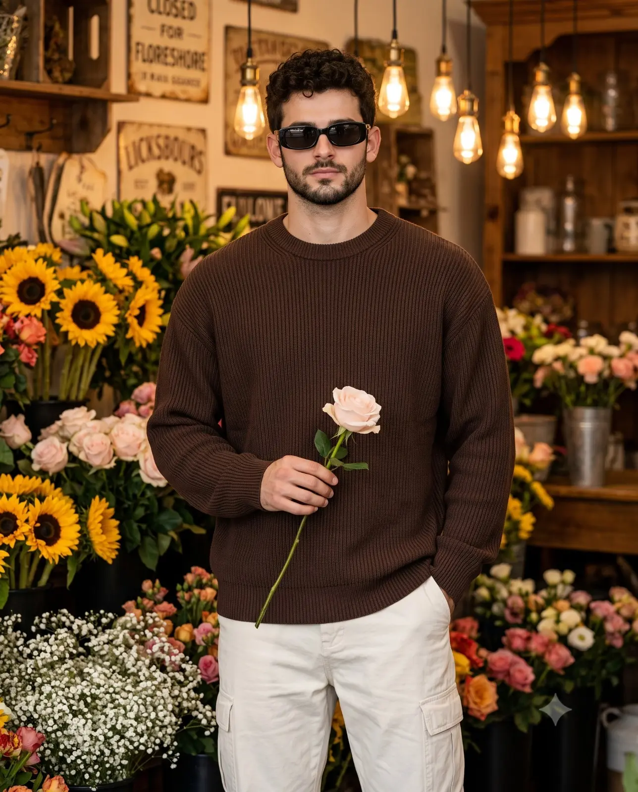 Stylish Man Holding Rose Among Sunflowers