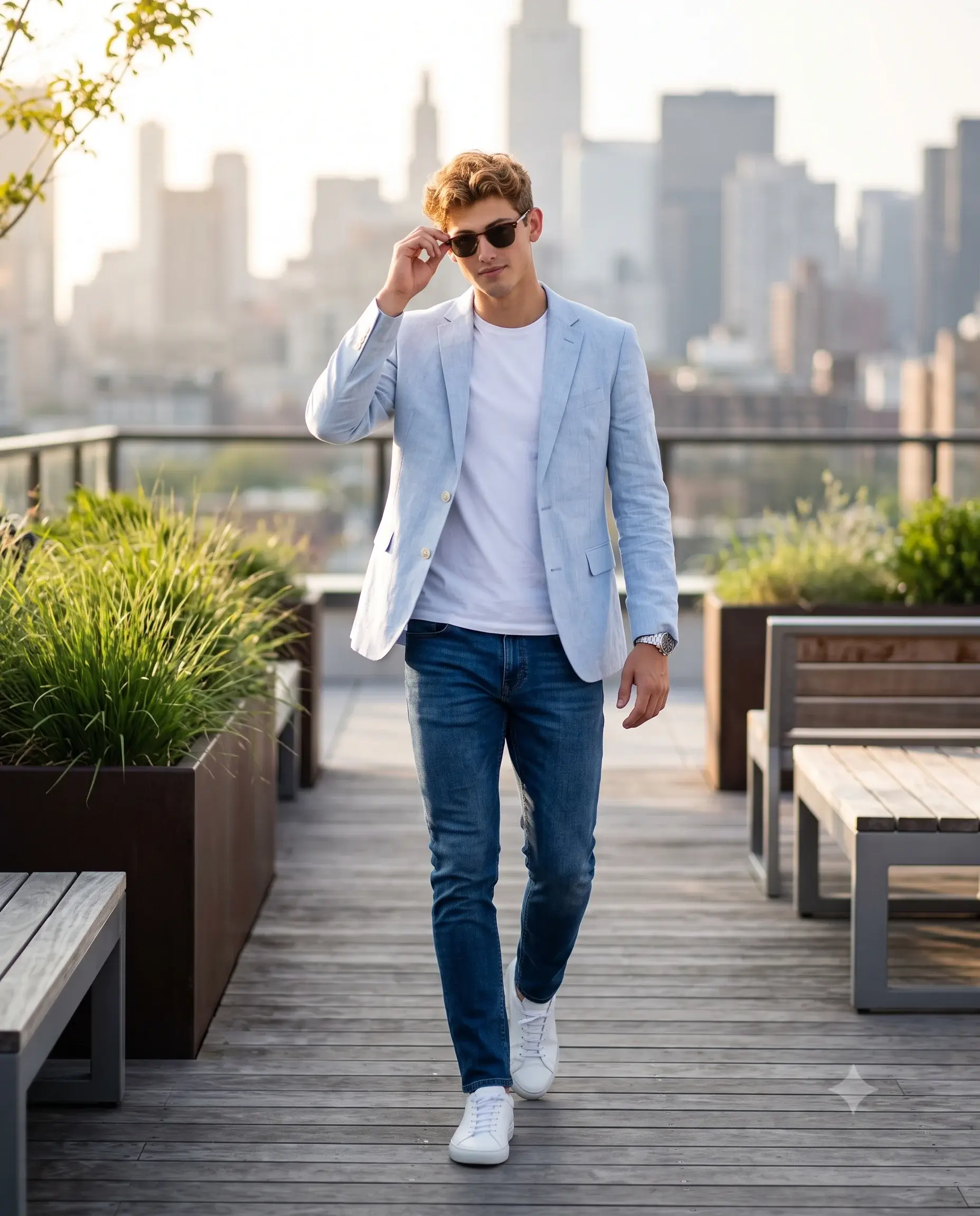 Stylish Man Walking Rooftop Fashion Photo AI Prompt