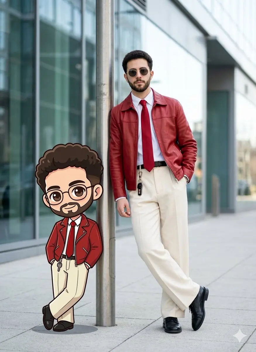 Stylish Man With Cartoon Twin On Urban Sidewalk