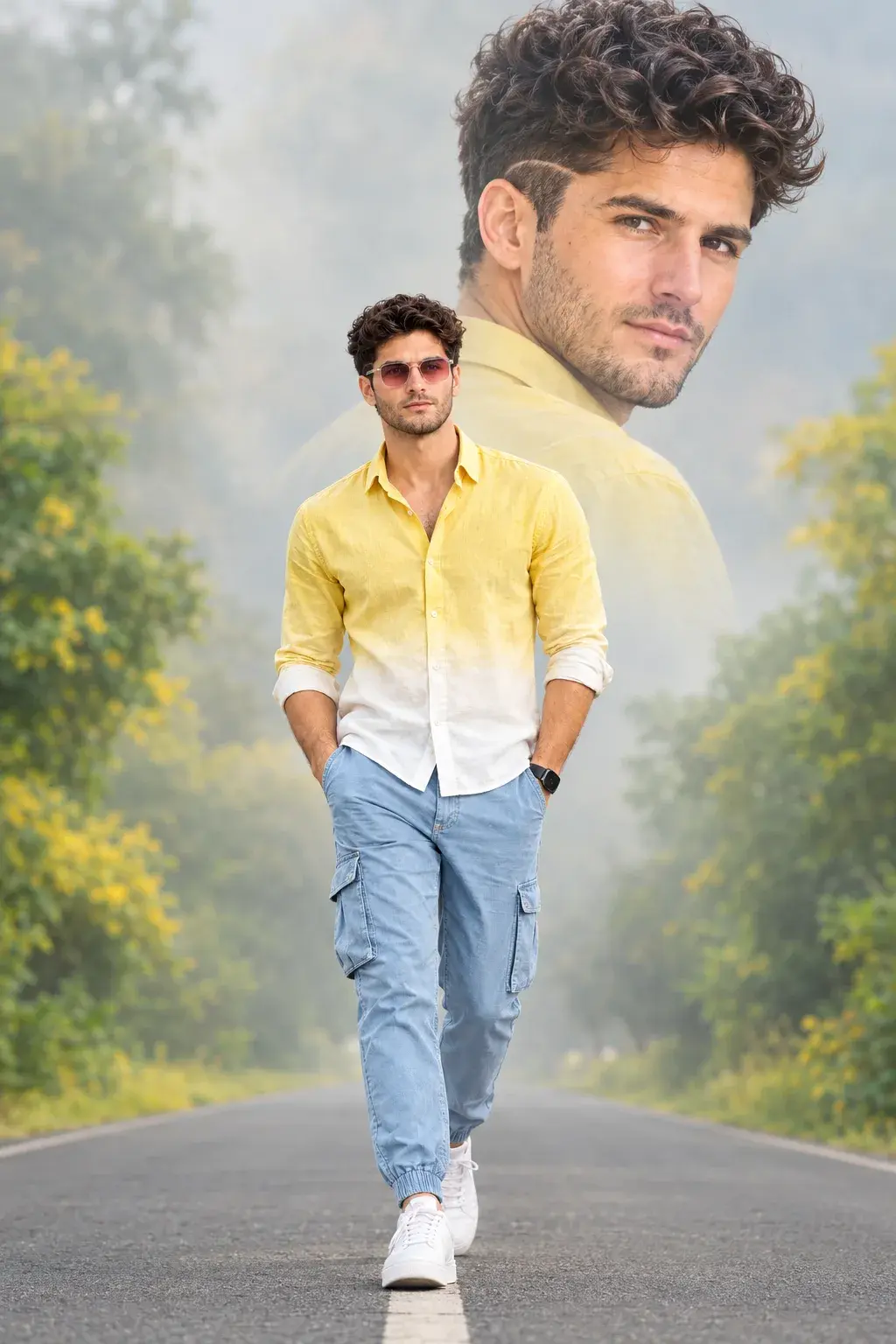 Stylish Men Walking Double Exposure Photo