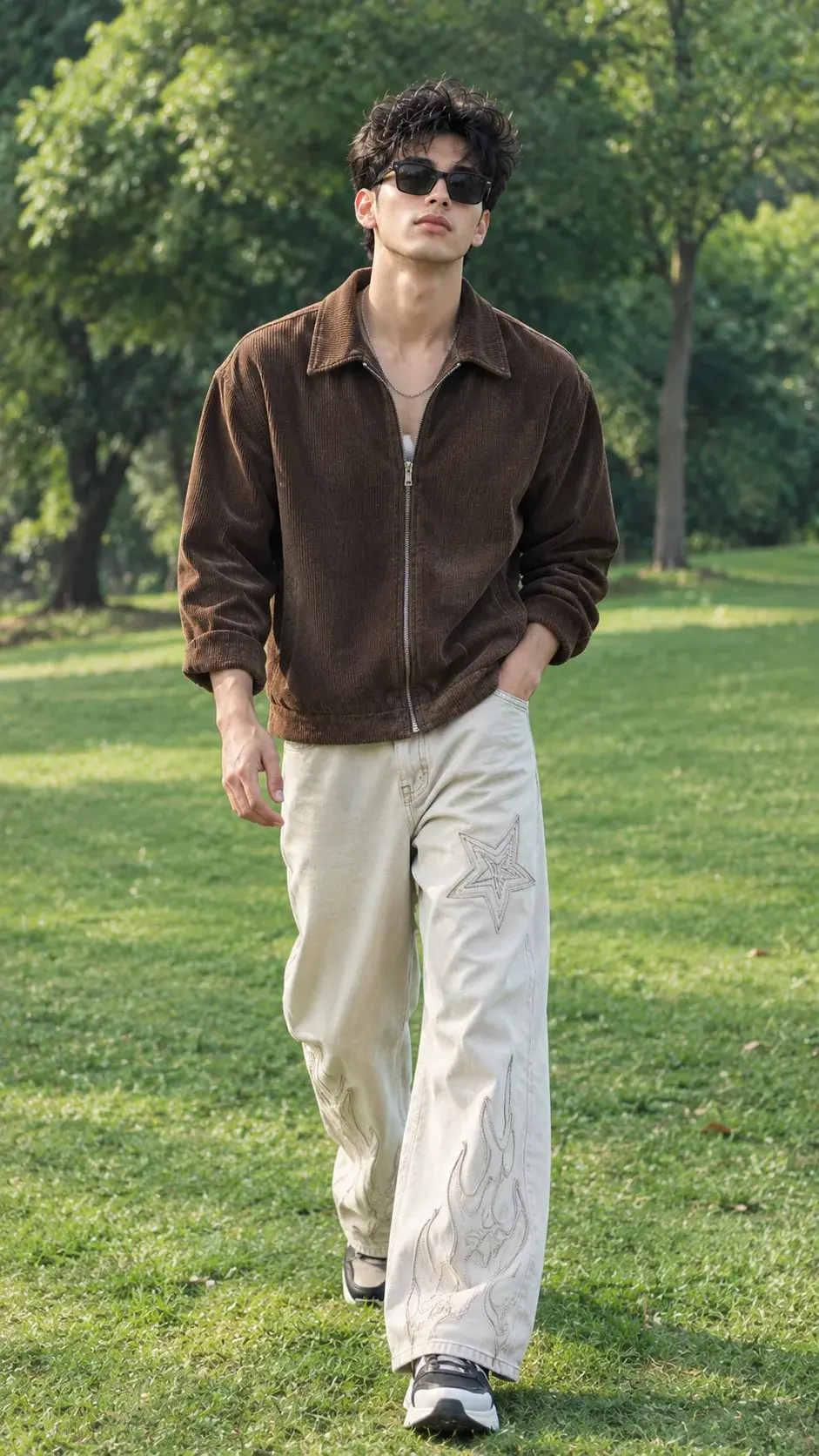 Stylish Young Man In Brown Corduroy Jacket And Embroidered Baggy Jeans Walking In Park