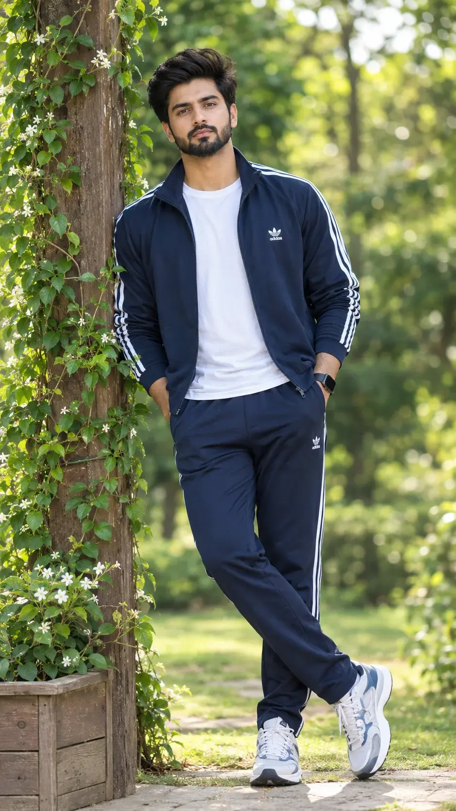 Stylish Young Man In Navy Blue Tracksuit Leaning Against Wooden Post In Garden