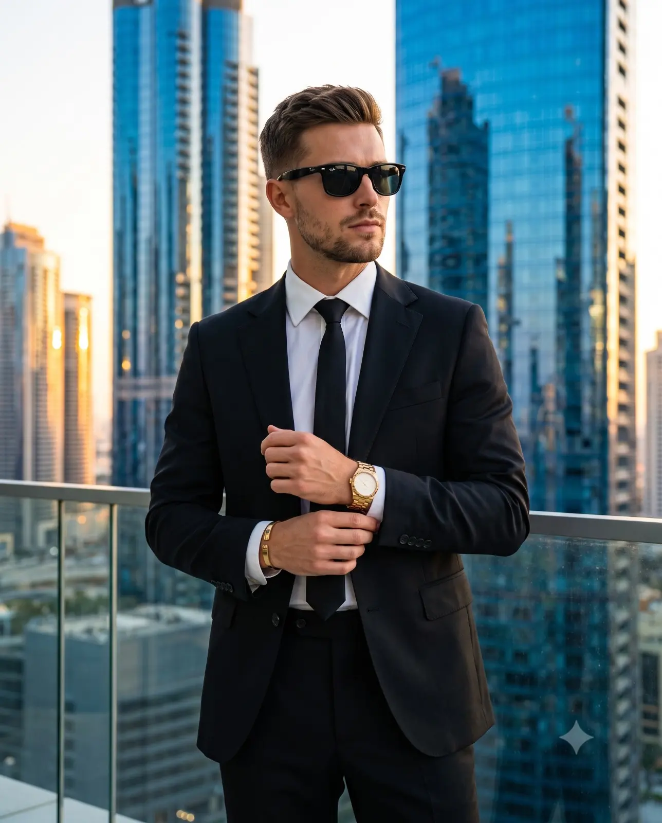 Suited Man Against Skyscraper Sunset