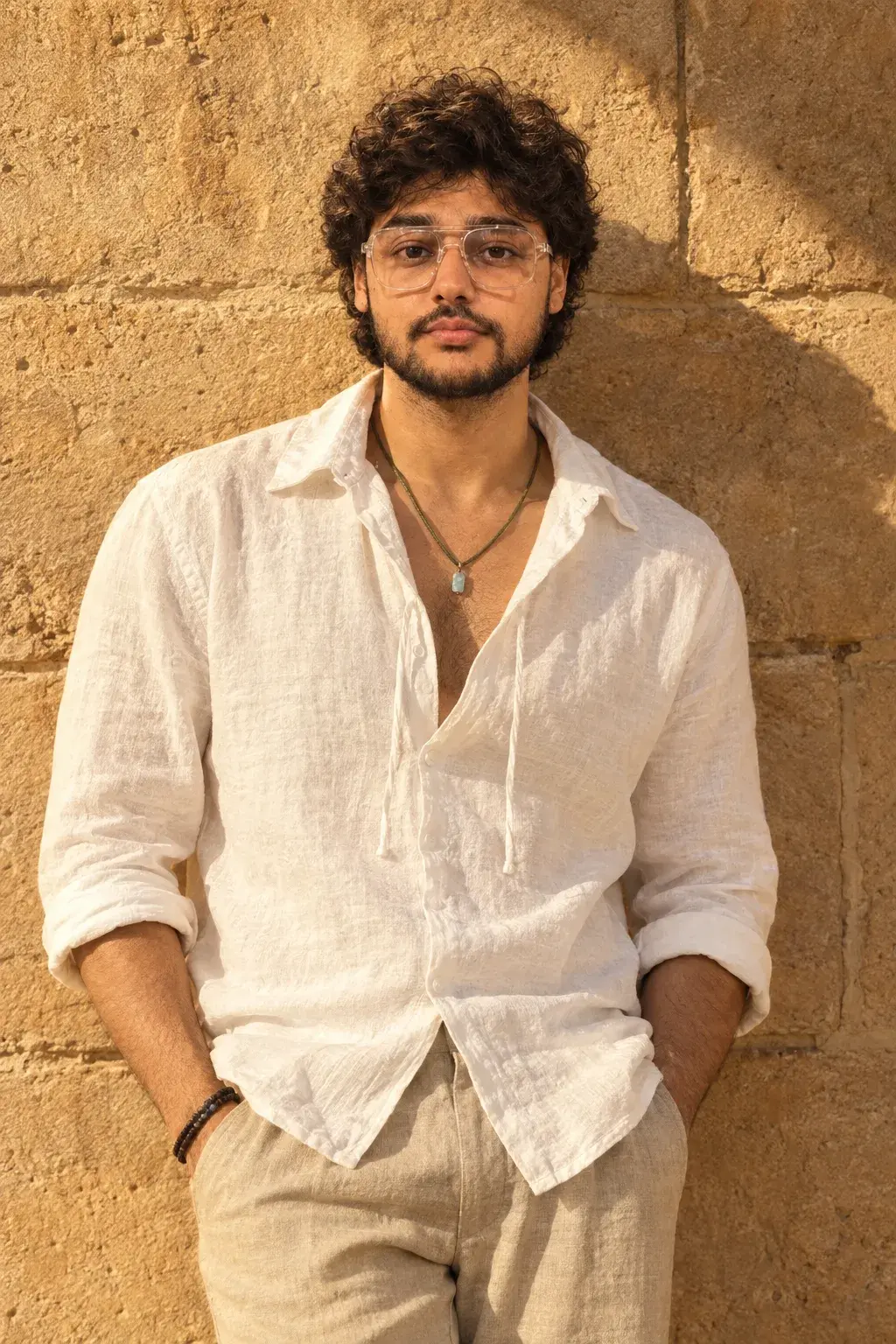 Sunlit Linen Portrait By Stone Wall.