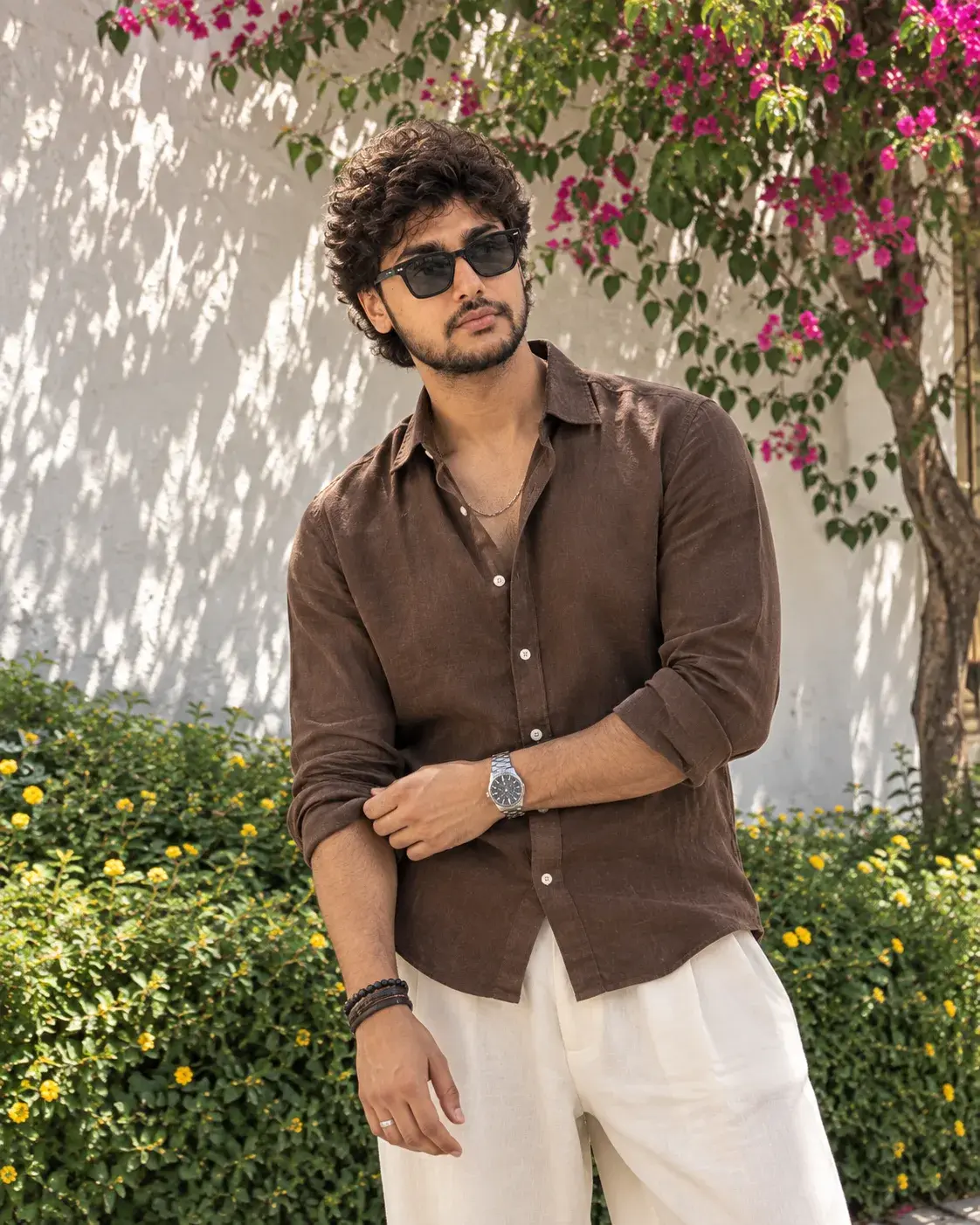 Sunlit Mediterranean Garden Portrait Shallow Depth Of Field, Spring Street-Style Menswear Fashion Photography.
