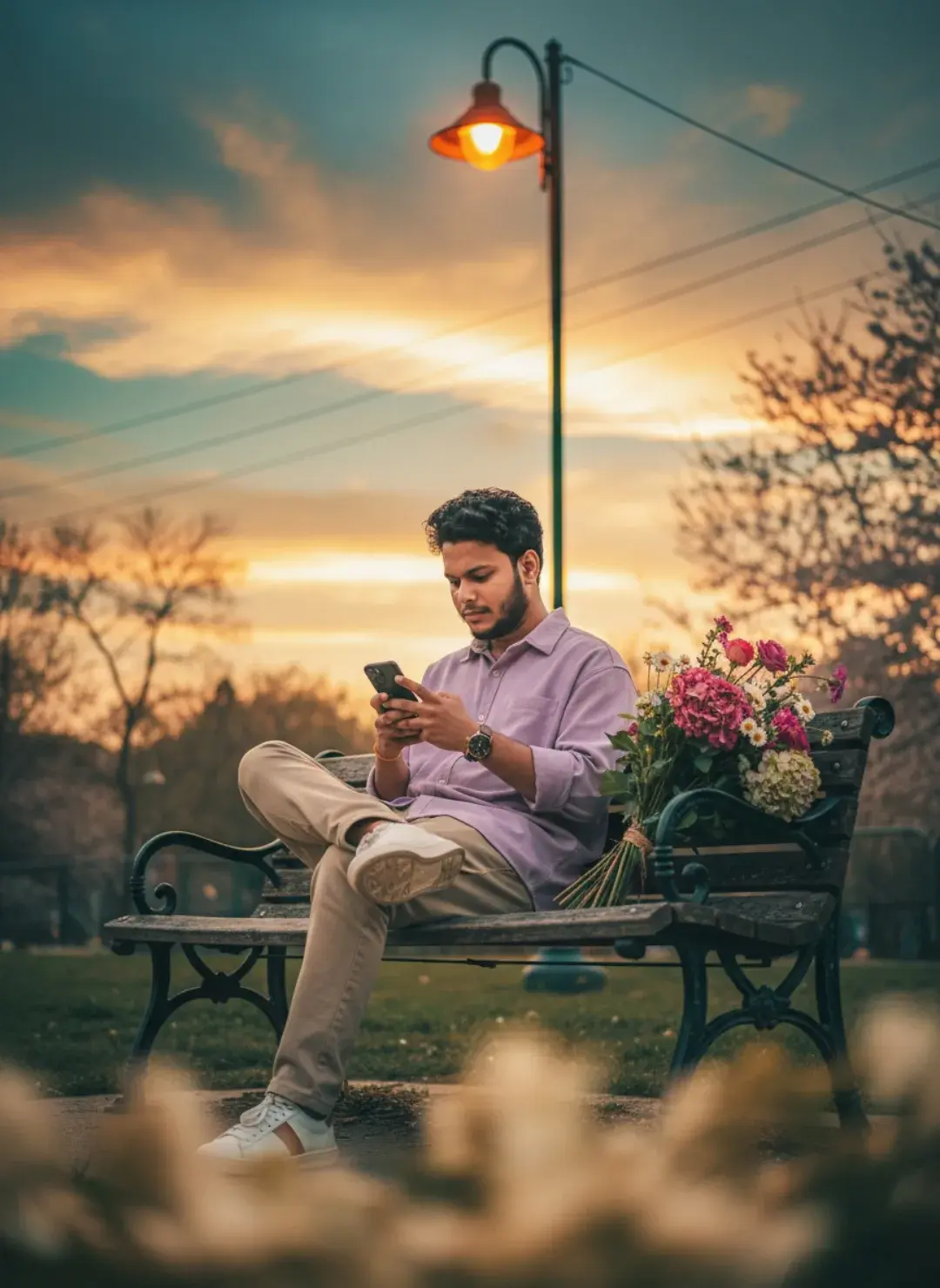 Sunset Bench With Flowers And Phone