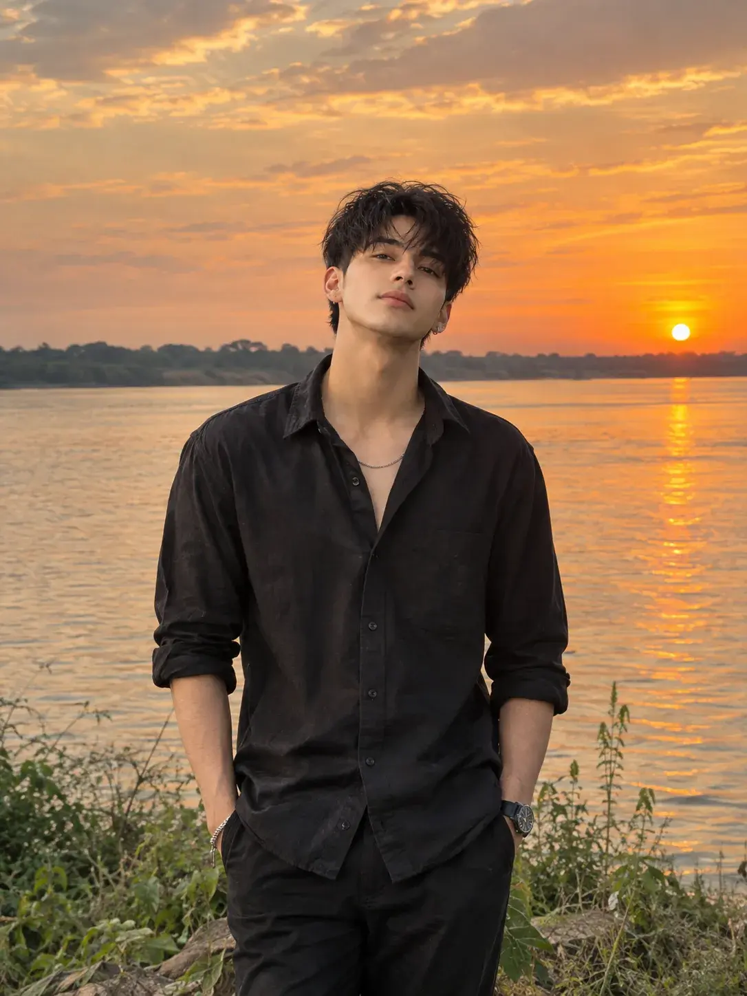 Sunset Riverside Black Shirt Portrait