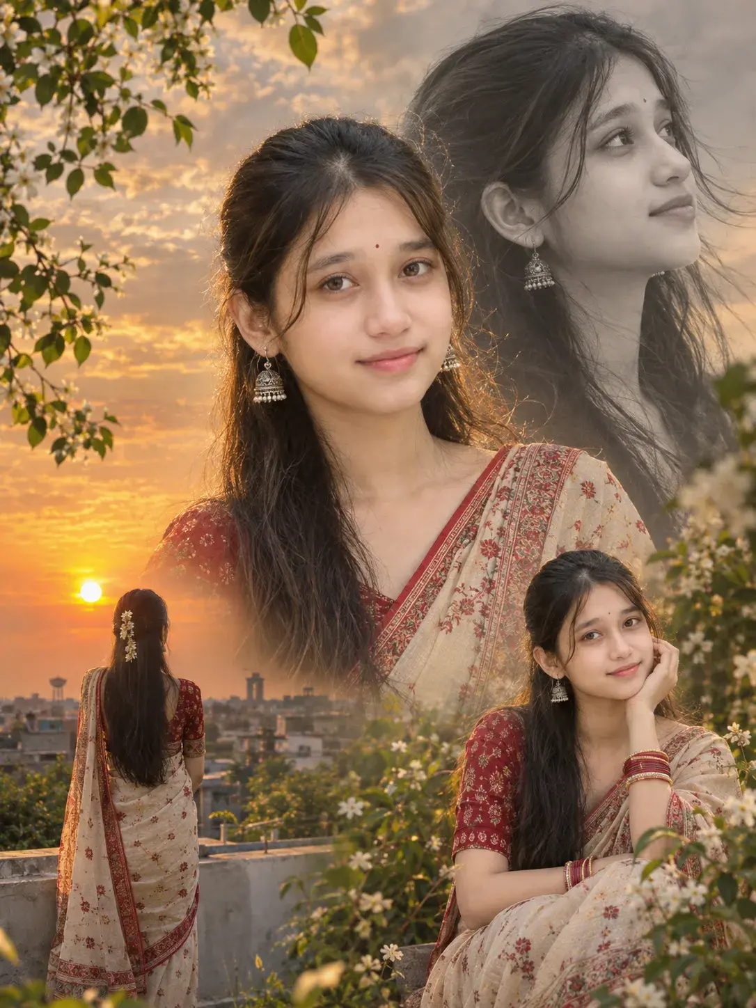 Sunset Saree Girl Cinematic Portrait Collage