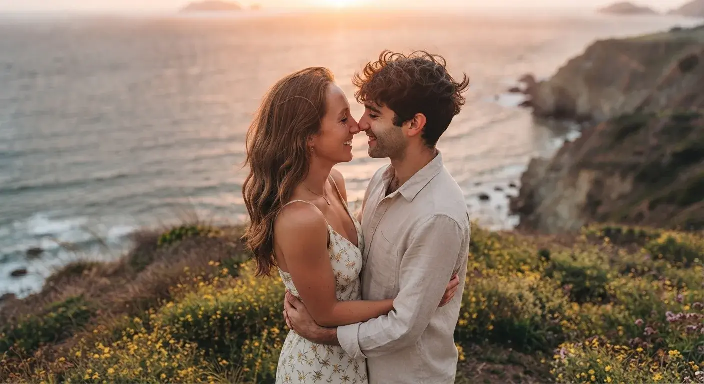 Sunset Sea Breeze Embrace: Romantic Couple Portrait