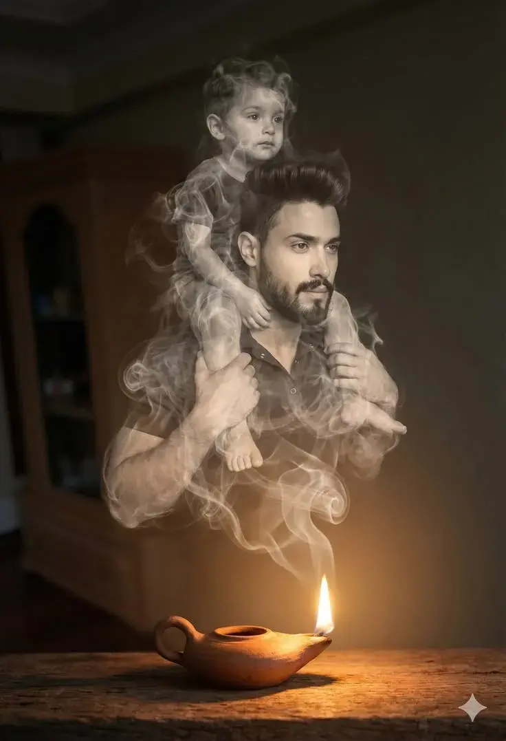 Surreal Chiaroscuro Conceptual Portrait Of South Asian Father And Child Materializing From Ethereal Smoke Of A Glowing O