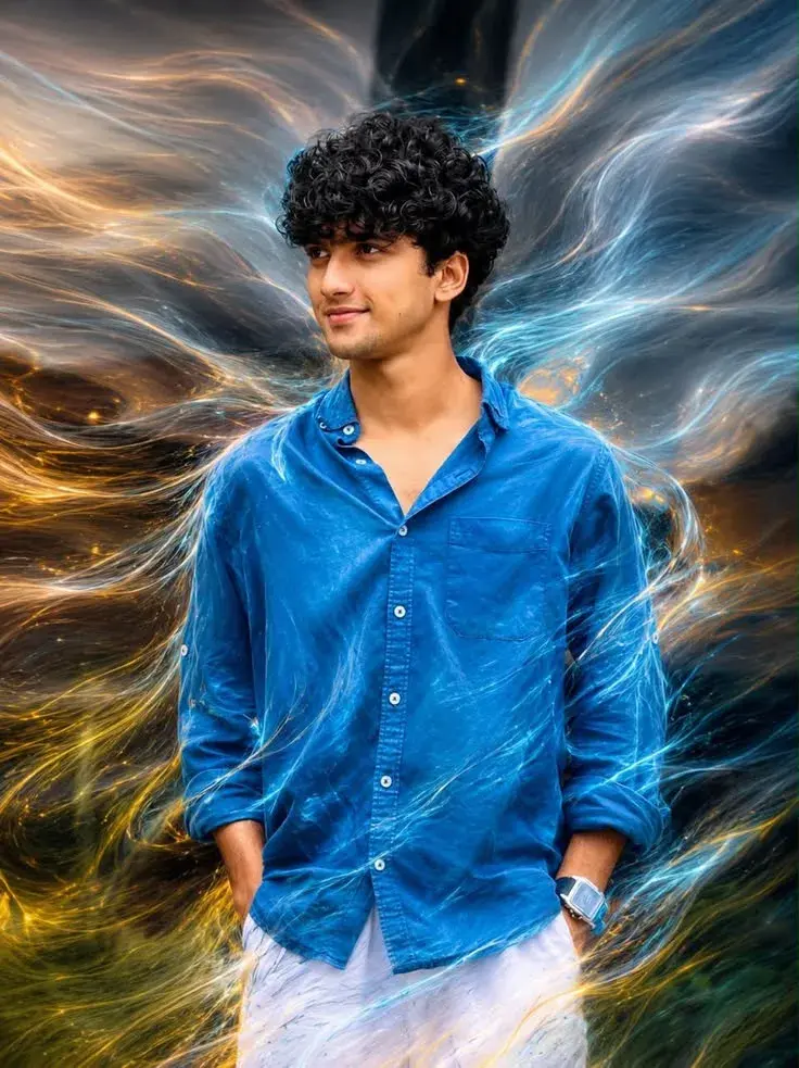 Surreal Fantasy Portrait Of Young Indian Man With Swirling Energy Waves