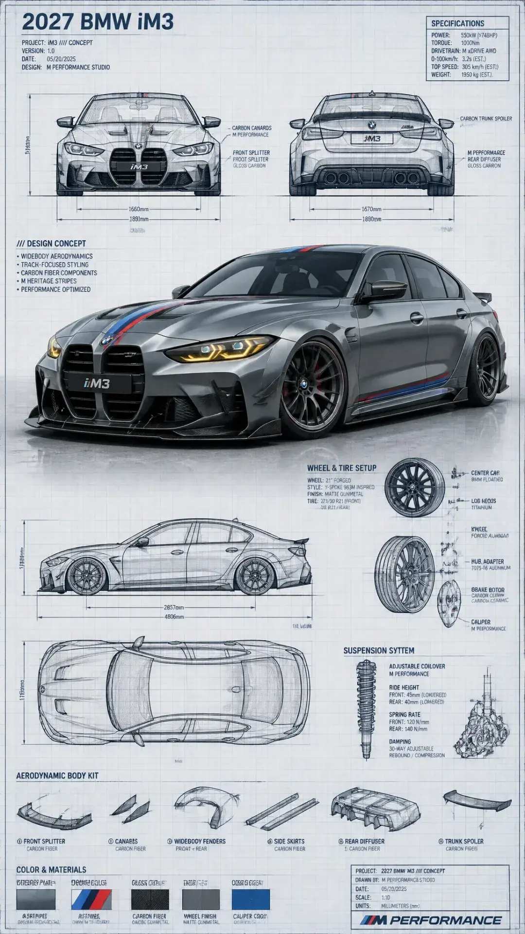 Technical Blueprint Sketch And Realistic 3d–render Fusion Of A Custom Modified Car Generate An Infographic Prompt Featur