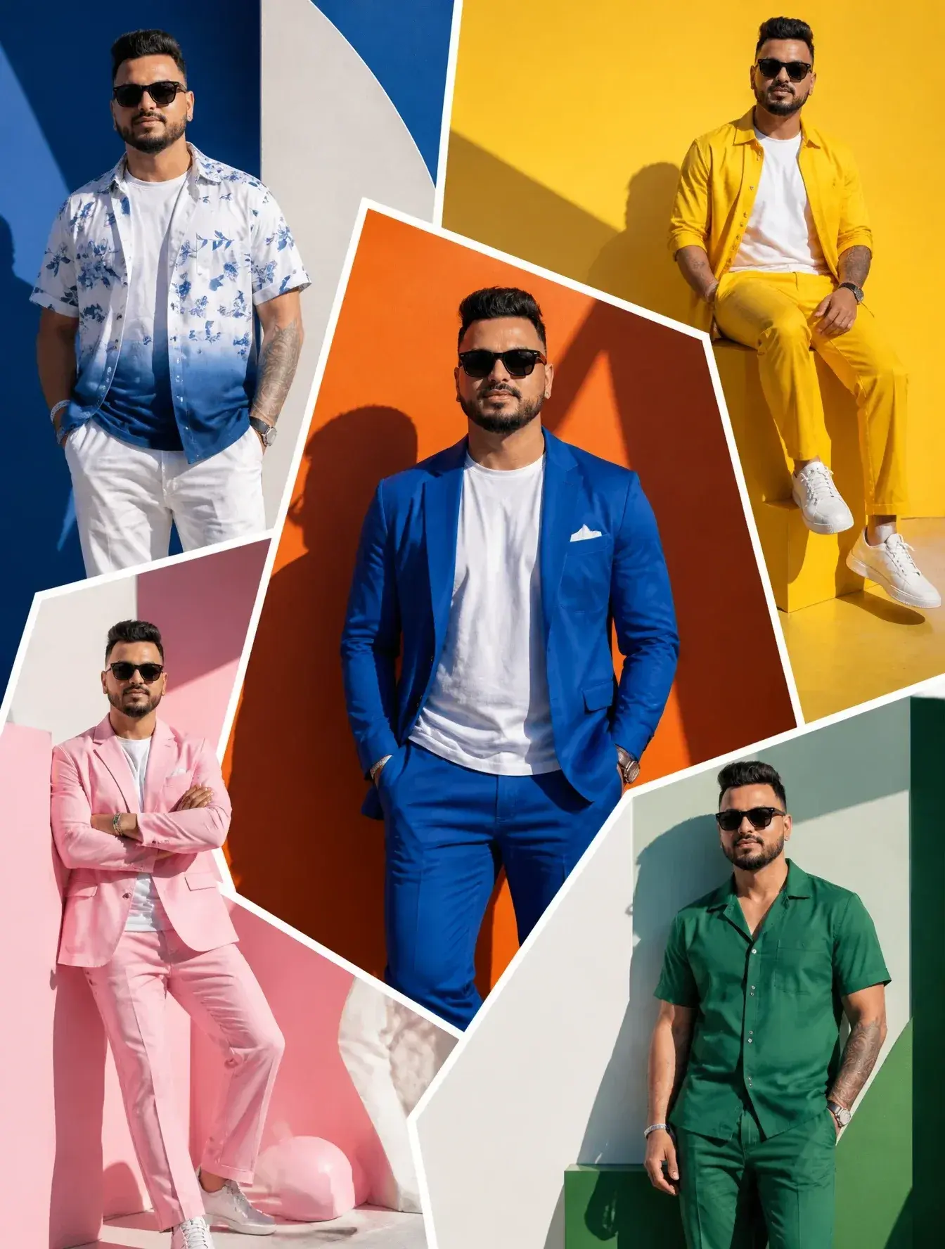 The Same Male Model Displayed Across Oversized Random-Shaped Fashion Panels