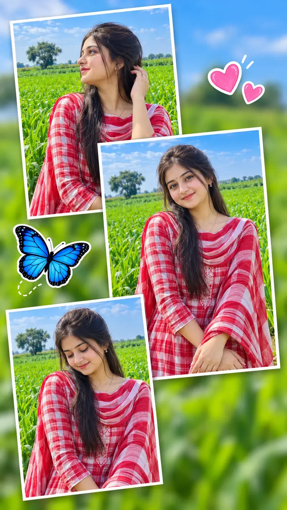 Three-Frame Portrait Collage Of A South Asian Woman In Red And White Salwar Suit 🦋💕