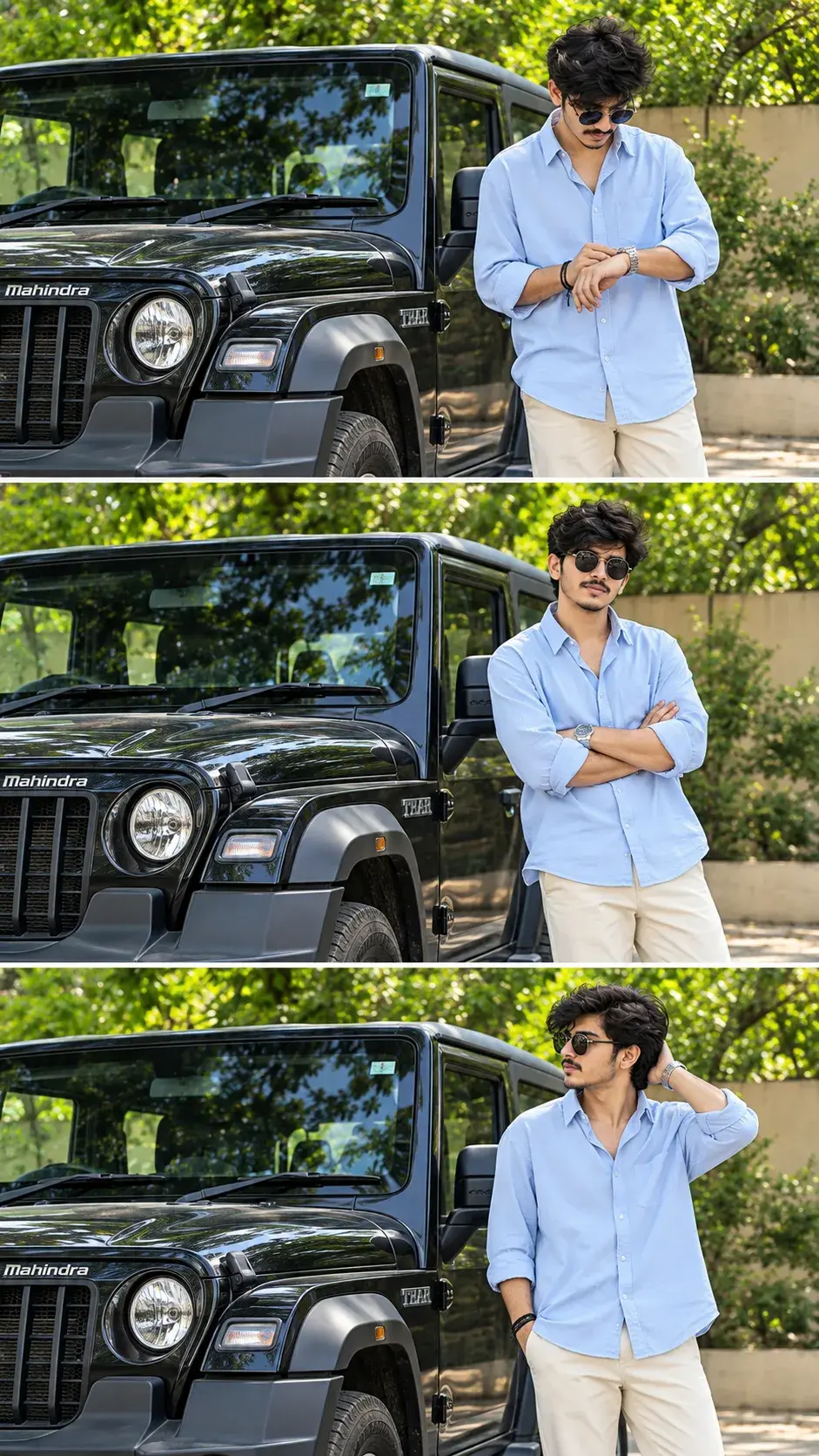 Three-Panel Cinematic Portrait Of A Young Man With Black Mahindra Thar 🚙✨