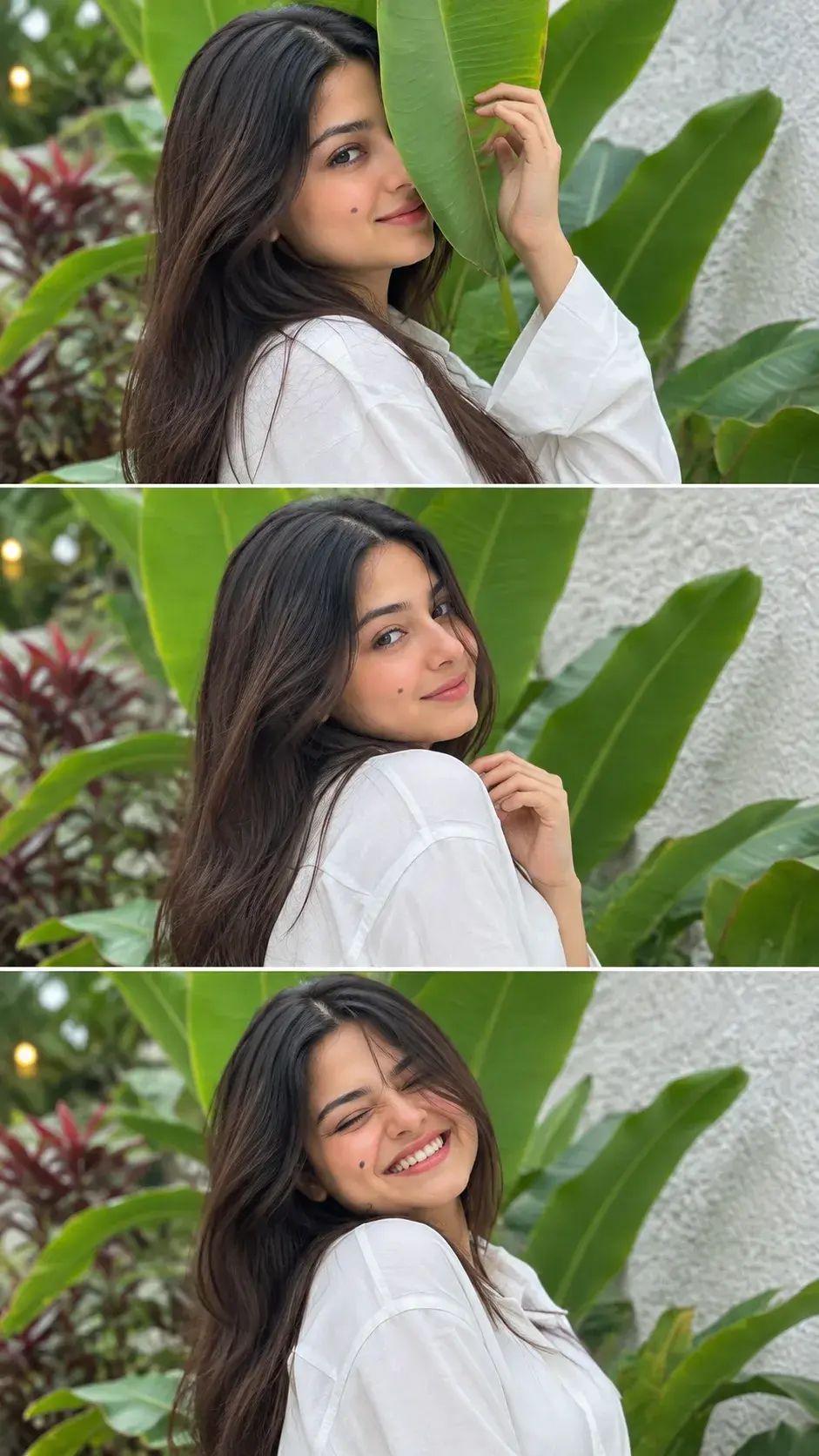 Three-Panel Collage Of A Smiling Woman With A Tropical Green Leaf 🌿💚