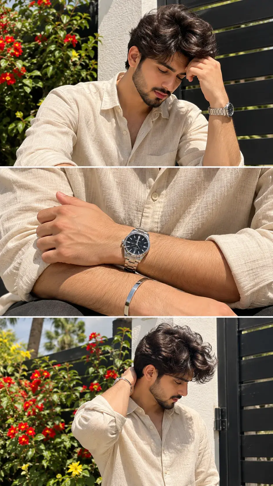 Three-Panel Menswear Editorial Triptych Of A Man In Beige Linen Shirt 🤎
