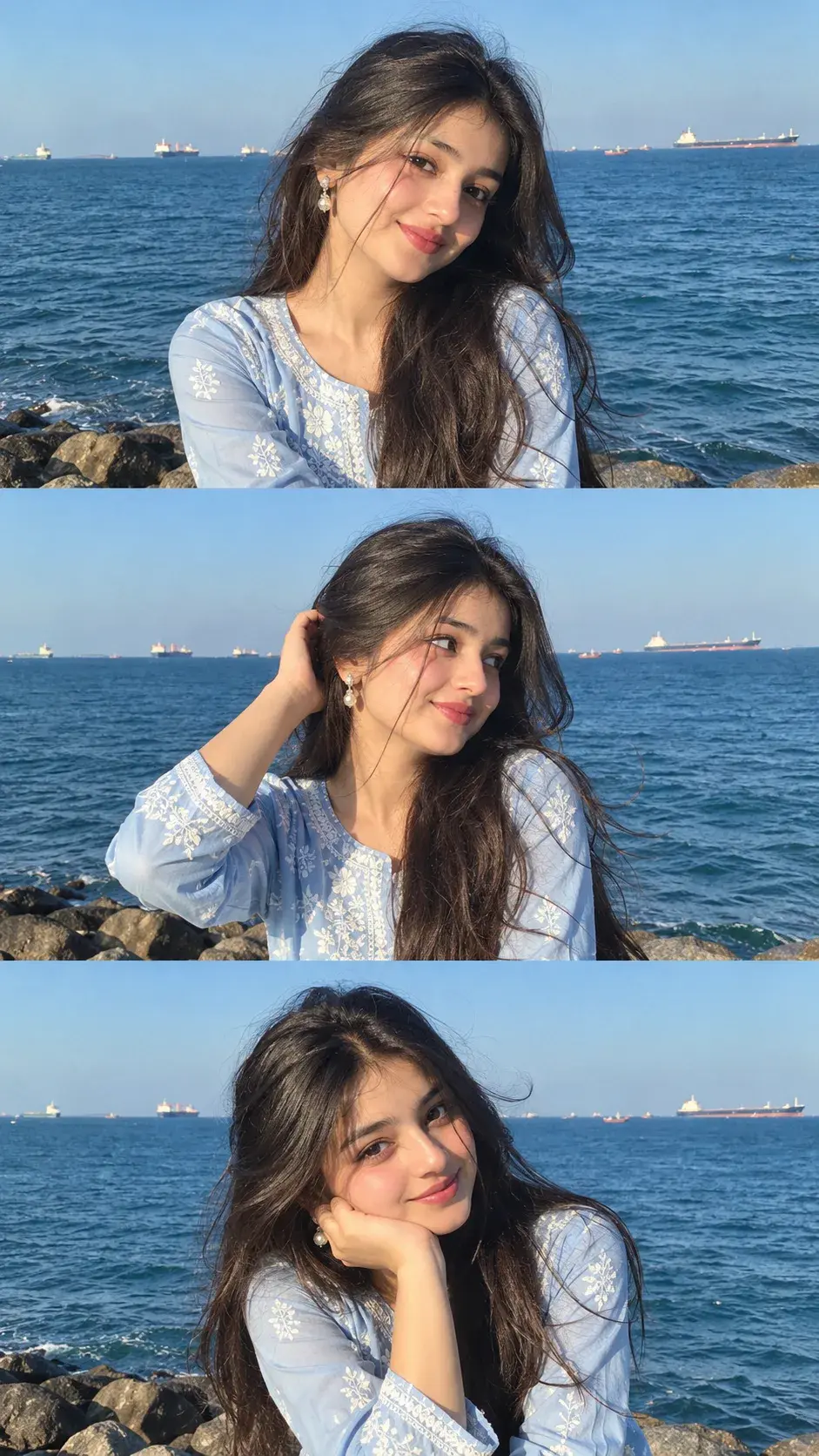 Three-Panel Ocean Portrait Of A Young Woman In Blue Embroidered Kurti 🌊💙
