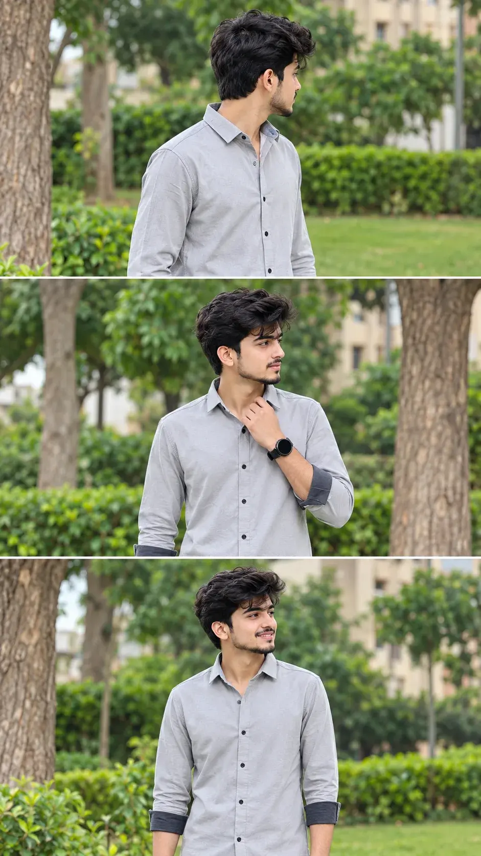 Three-Panel Outdoor Portrait Collage Of A Young Man In Grey Shirt 🌿