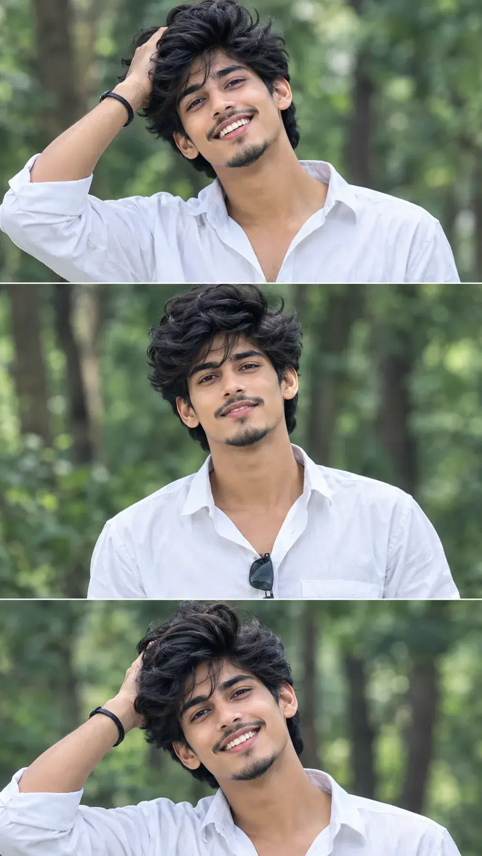 Three-Panel Outdoor Portrait Collage Of Smiling Young Man In White Shirt 🌿✨