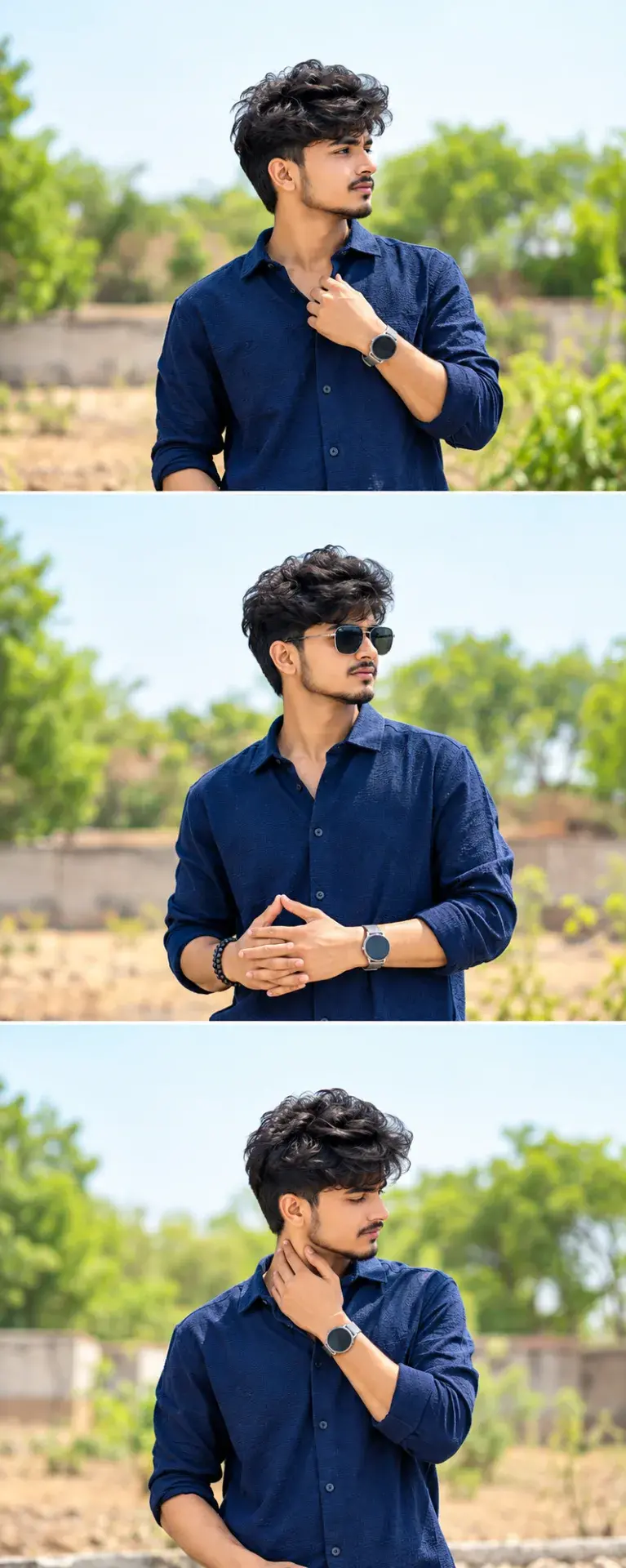 Three-Panel Outdoor Portrait Triptych Of A Young Man In A Dark Blue Shirt